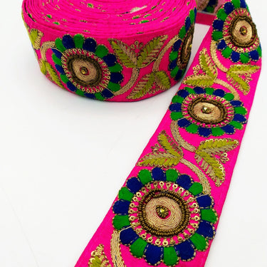 Fuchsia Art Silk Lace Trim, Floral Embroidery in Green and Blue, Hand Embroidered Border with Antique Gold beads and Gold Sequins